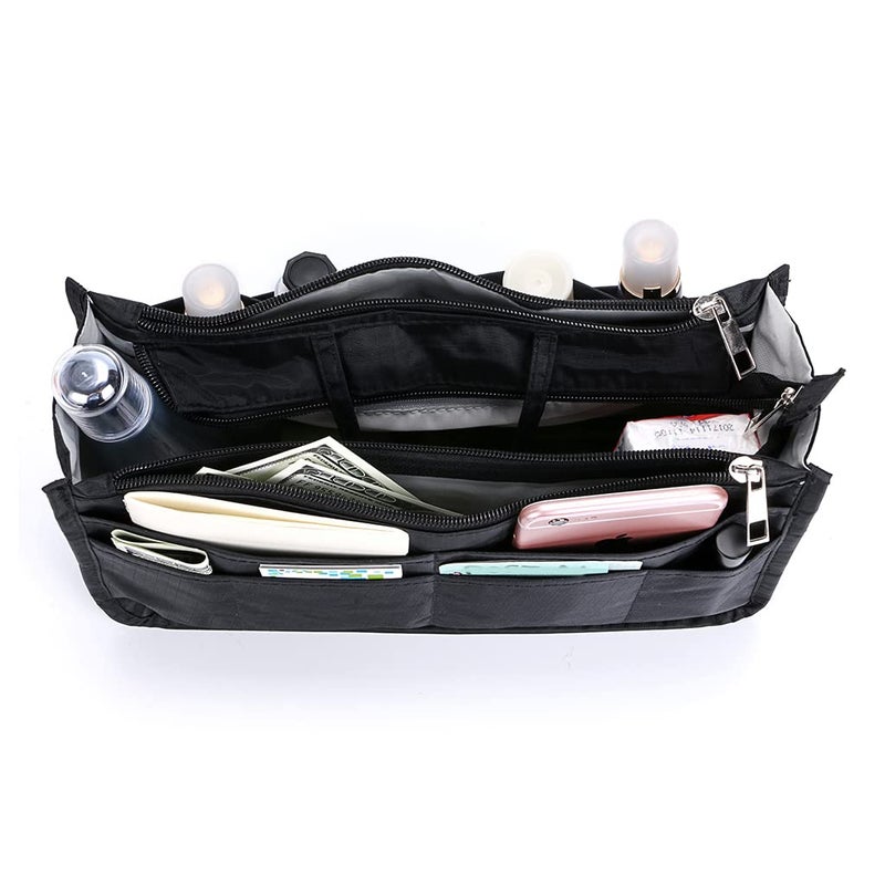 BTSKY Printing Handbag Organizers Inside Purse Insert - High Capacity 13 Pockets Bag Tote Organizer with Handle (Black) - Image 3